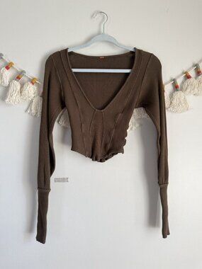 Free People Petra Cotton Ribbed Long Sleeve Crop Top Olive Brown Coquette  XS